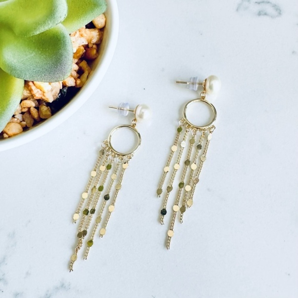 Gold Tone Chain Circle Fringe Faux Pearl Earrings Dangle Boho NEW Jewelry Gift